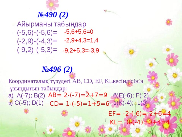№ 490 (2) Айырманы табыңдар (-5,6)-(-5,6)= (-2,9)-(-4,3)= (-9,2)-(-5,3)= -5,6+5,6=0 -2,9+4,3=1,4 -9,2+5,3=-3,9 № 496 (2) Координаталық түзудегі АВ, СD, EF, KLкесіндісінің  ұзындығын табыңдар: a) А( -7 ) ; B(2) б) E(-6); F(-2) ә) C(-5); D(1) в) K(-4); L(0) AB = 2-(-7)=2+7=9 CD = 1-(-5)=1+5=6 EF = -2-(-6)=-2+6=4 KL= 0-(-4)=0+4=4 