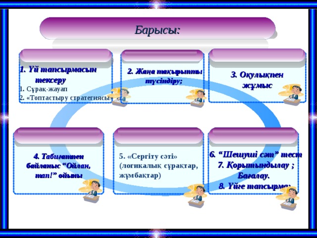    Барысы: 1. Үй тапсырмасын тексеру 1. C ұрақ - жауап 2. «Топтастыру  стратегиясы»   2 . Жаңа тақырыпты түсіндіру; 3 . Оқулықпен жұмыс 6 . “Шешуші сәт” тест 7. Қорытындылау ; Бағалау. 8. Үйге тапсырма;  4 . Табиғатпен байланыс “Ойлан, тап!” ойыны 5. «Сергіту сәті» (логикалық сұрақтар, жұмбақтар )   