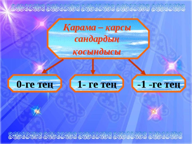 Қарама – қарсы сандардың қосындысы  0-ге тең 1- ге тең -1 -ге тең 