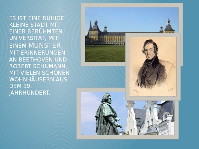 Es ist eine ruhige kleine Stadt mit einer berühmten Universität, mit einem Münster , mit Erinnerungen an Beethoven und Robert Schumann, mit vielen schönen Wohnhäusern aus dem 19. Jahrhundert. 