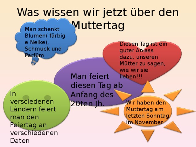 Was wissen wir jetzt über den Muttertag Man schenkt Blumen( färbige Nelke), Schmuck und Parfüm Diesen Tag ist ein guter Anlass dazu, unseren Mütter zu sagen, wie wir sie lieben!!! Man feiert diesen Tag ab Anfang des 20ten Jh. In versciedenen Ländern feiert man den Feiertag an verschiedenen Daten Wir haben den Muttertag am letzten Sonntag im November 