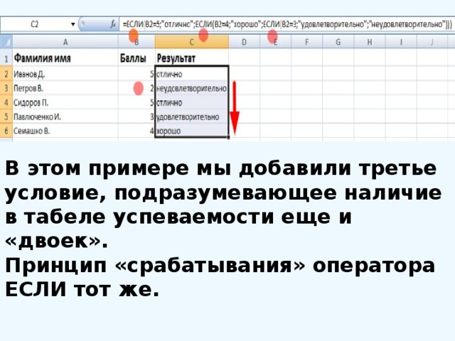 В этом примере мы добавили третье условие, подразумевающее наличие в табеле успеваемости еще и «двоек». Принцип «срабатывания» оператора ЕСЛИ тот же. 