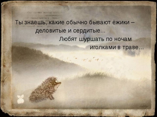 Ты знаешь, какие обычно бывают ёжики –  деловитые и сердитые...  Любят шуршать по ночам  иголками в траве...