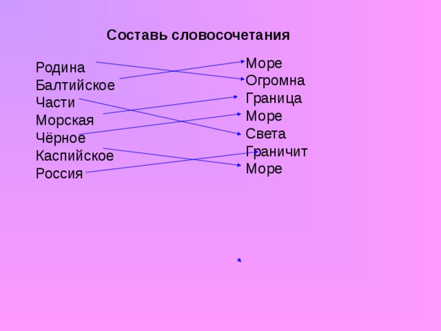 Составь словосочетания Море Огромна Граница Море Света Граничит Море Родина Балтийское Части Морская Чёрное Каспийское Россия