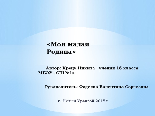 «Моя малая Родина»  Автор: Крецу Никита ученик 1б класса МБОУ «СШ №1»      Руководитель: Фадеева Валентина Сергеевна    г. Новый Уренгой 2015г. 