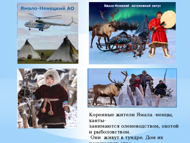 Коренные жители Ямала -ненцы, ханты - занимаются оленеводством, охотой и рыболовством. Они живут в тундре. Дом их называется -чум. Коренные жители Ямала -ненцы, ханты- занимаются оленеводством, охотой и рыболовством.  Они живут в тундре. Дом их называется -чум.  