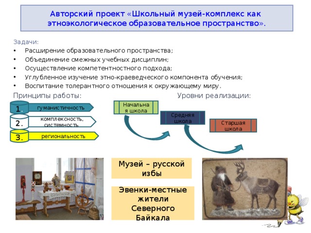 Авторский проект «Школьный музей-комплекс как этноэкологическое образовательное пространство». Задачи: Расширение образовательного пространства; Объединение смежных учебных дисциплин; Осуществление компетентностного подхода; Углубленное изучение этно-краеведческого компонента обучения; Воспитание толерантного отношения к окружающему миру. Принципы работы: Уровни реализации: 1 . Начальная школа гуманистичность Средняя школа 2. комплексность, системность Старшая школа 3. региональность Музей – русской избы Эвенки-местные жители Северного Байкала 