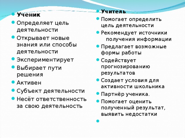 Учитель  Помогает определить цель деятельности Рекомендует источники получения информации  Предлагает возможные формы работы Содействует прогнозированию результатов Создает условия для активности школьника Партнёр ученика. Помогает оценить полученный результат, выявить недостатки    Ученик Определяет цель деятельности Открывает новые знания или способы деятельности Экспериментирует  Выбирает пути решения Активен Субъект деятельности Несёт ответственность за свою деятельность  