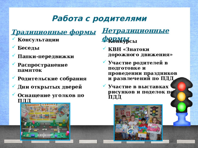Работа с родителями Нетрадиционные формы  Традиционные формы  Консультации Беседы Папки-передвижки Распространение памяток Родительские собрания Дни открытых дверей Оснащение уголков по ПДД  Конкурсы КВН «Знатоки дорожного движения» Участие родителей в подготовке и проведении праздников и развлечений по ПДД Участие в выставках рисунков и поделок по ПДД  