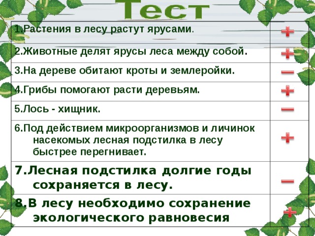 1.Растения в лесу растут ярусами . 2.Животные делят ярусы леса между собой . 3.На дереве обитают кроты и землеройки. 4.Грибы помогают расти деревьям. 5.Лось - хищник. 6.Под действием микроорганизмов и личинок насекомых лесная подстилка в лесу быстрее перегнивает. 7.Лесная подстилка долгие годы сохраняется в лесу. 8.В лесу необходимо сохранение экологического равновесия 