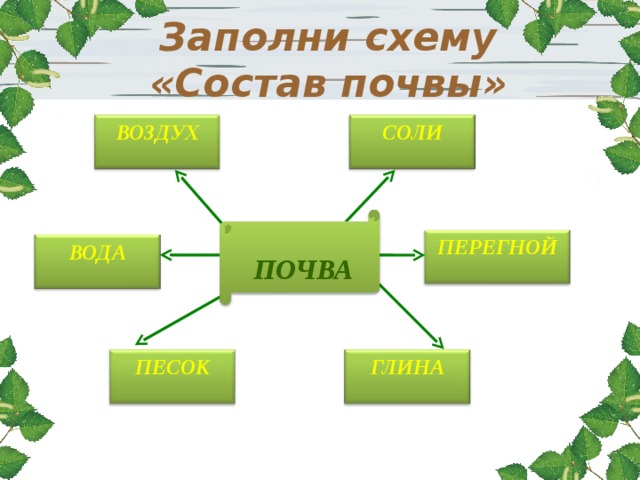 Заполни схему «Состав почвы» ВОЗДУХ СОЛИ  ПОЧВА ПЕРЕГНОЙ ВОДА ПЕСОК ГЛИНА 