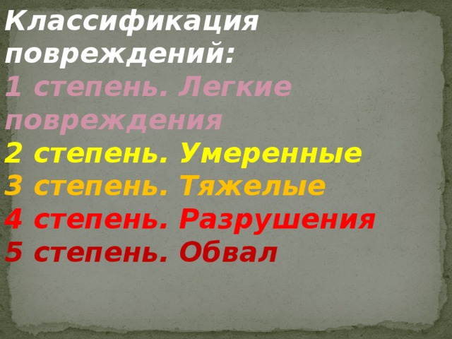 Классификация повреждений: 1 степень. Легкие повреждения  2 степень. Умеренные  3 степень. Тяжелые  4 степень. Разрушения  5 степень. Обвал 