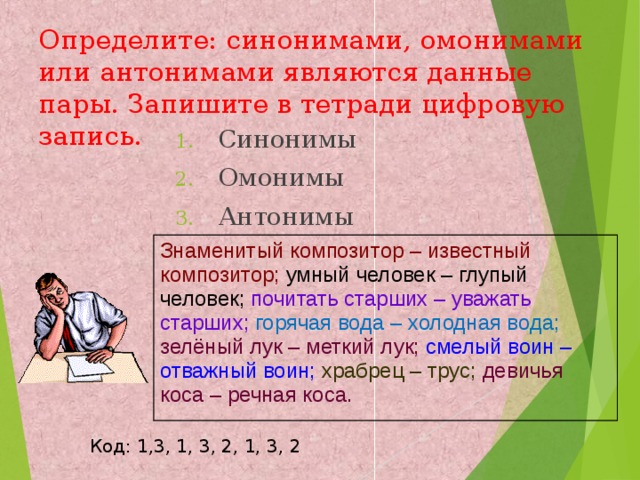 Определите: синонимами, омонимами или антонимами являются данные пары. Запишите в тетради цифровую запись. Синонимы Омонимы Антонимы Знаменитый композитор – известный  композитор; умный человек – глупый человек; почитать старших – уважать  старших;  горячая вода – холодная вода; зелёный лук – меткий лук; смелый воин – отважный воин;  храбрец –  трус;  девичья коса – речная коса. Код: 1,3, 1, 3, 2, 1, 3, 2 