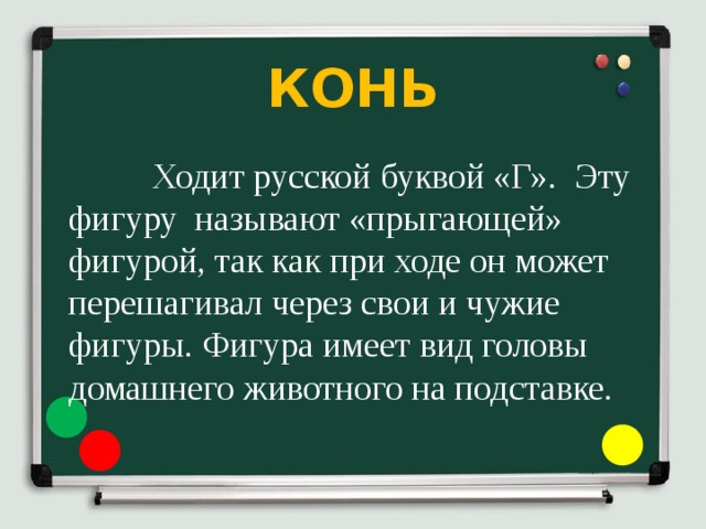 КОНЬ  Ходит русской буквой «Г». Эту фигуру называют «прыгающей» фигурой, так как при ходе он может перешагивал через свои и чужие фигуры. Фигура имеет вид головы домашнего животного на подставке.   