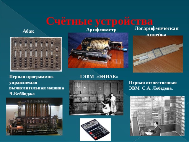 Счётные устройства Логарифмическая линейка Арифмометр Абак Первая программно-управляемая вычислительная машина Ч.Беббиджа I ЭВМ «ЭНИАК» Первая отечественная ЭВМ  С.А. Лебедева. 