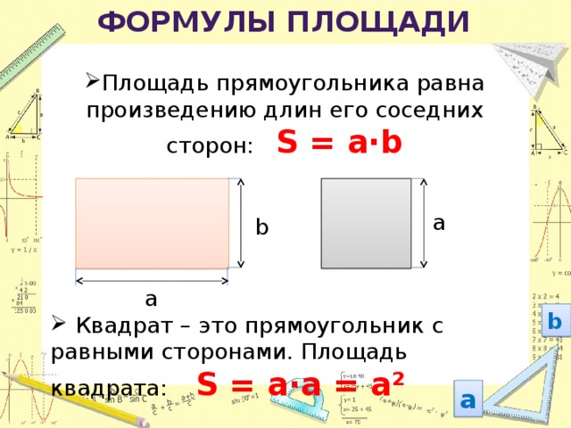ФОРМУЛЫ ПЛОЩАДИ Площадь прямоугольника равна произведению длин его соседних сторон: S = a·b а b a b  Квадрат – это прямоугольник с равными сторонами. Площадь квадрата: S = a·а = а² a  