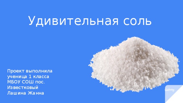Удивительная соль Проект выполнила ученица 1 класса МБОУ СОШ пос. Известковый Лашина Жанна 