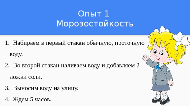 Опыт 1  Морозостойкость 1. Набираем в первый стакан обычную, проточную воду. 2. Во второй стакан наливаем воду и добавляем 2 ложки соли. 3. Выносим воду на улицу. 4. Ждем 5 часов. 