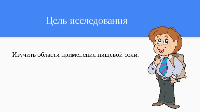 Цель исследования Изучить области применения пищевой соли. 