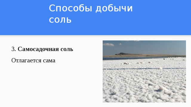 Способы добычи соль 3. Самосадочная соль  Отлагается сама 