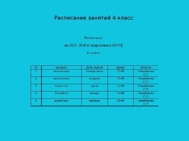 Расписание занятий 4 класс: 