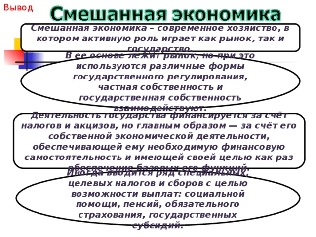 Вывод Смешанная экономика – современное хозяйство, в котором активную роль играет как рынок, так и государство. В ее основе лежит рынок, но при это используются различные формы государственного регулирования, частная собственность и государственная собственность взаимодействуют. Деятельность государства финансируется за счёт налогов и акцизов, но главным образом — за счёт его собственной экономической деятельности, обеспечивающей ему необходимую финансовую самостоятельность и имеющей своей целью как раз обеспечение базовых его функций. Иногда вводится ряд специальных, целевых налогов и сборов с целью возможности выплат: социальной помощи, пенсий, обязательного страхования, государственных субсидий. 18 18 
