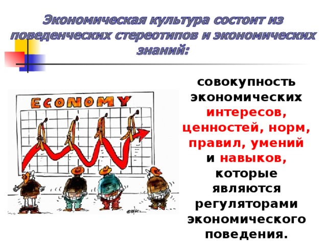 совокупность экономических интересов, ценностей, норм, правил, умений и навыков, которые являются регуляторами экономического поведения. 