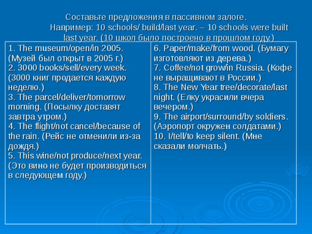 Составьте предложения в пассивном залоге.  Например: 10 schools/ build/last year. – 10 schools were built last year. (10 школ было построено в прошлом году.)   1. The museum/open/in 2005. (Музей был открыт в 2005 г.)  2. 3000 books/sell/every week. (3000 книг продается каждую неделю.)  3. The parcel/deliver/tomorrow morning. (Посылку доставят завтра утром.)  4. The flight/not cancel/because of the rain. (Рейс не отменили из-за дождя.)  5. This wine/not produce/next year. (Это вино не будет производиться в следующем году.)   6. Paper/make/from wood. (Бумагу изготовляют из дерева.)  7. Coffee/not grow/in Russia. (Кофе не выращивают в России.)  8. The New Year tree/decorate/last night. (Елку украсили вчера вечером.)  9. The airport/surround/by soldiers. (Аэропорт окружен солдатами.)  10. I/tell/to keep silent. (Мне сказали молчать.)   