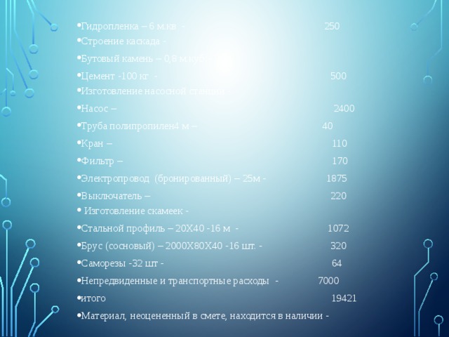 Гидропленка – 6 м.кв - 250 Строение каскада - Бутовый камень – 0,8 м.куб - Цемент -100 кг - 500 Изготовление насосной станции - Насос – 2400 Труба полипропилен4 м – 40 Кран – 110 Фильтр – 170 Электропровод (бронированный) – 25м - 1875 Выключатель – 220  Изготовление скамеек - Стальной профиль – 20Х40 -16 м - 1072 Брус (сосновый) – 2000Х80Х40 -16 шт. - 320 Саморезы -32 шт - 64 Непредвиденные и транспортные расходы - 7000 итого 19421 Материал, неоцененный в смете, находится в наличии - 