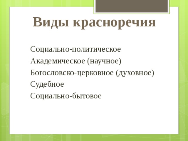 Виды красноречия Социально-политическое Академическое (научное) Богословско-церковное (духовное) Судебное Социально-бытовое 