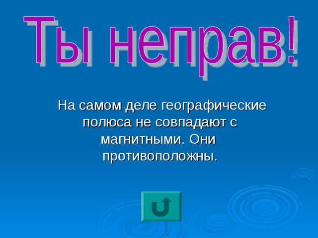  На самом деле географические полюса не совпадают с магнитными. Они противоположны. 