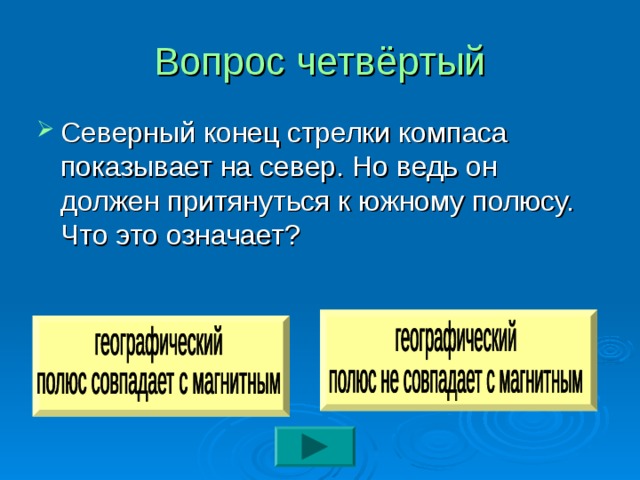 Вопрос четвёртый Северный конец стрелки компаса показывает на север. Но ведь он должен притянуться к южному полюсу. Что это означает? 