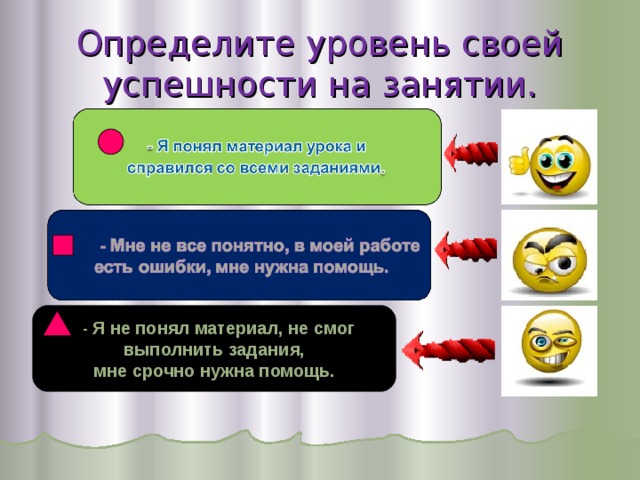 Определите уровень своей успешности на занятии.  - Я не понял материал, не смог выполнить задания, мне срочно нужна помощь. 