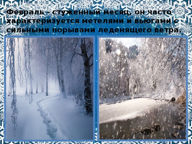 Февраль - стуженный месяц, он часто характеризуется метелями и вьюгами с сильными порывами леденящего ветра. 