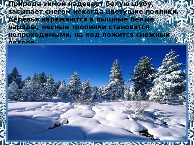 Природа зимой надевает белую шубу, засыпает снегом некогда цветущие полянки, деревья наряжаются в пышные белые наряды, лесные тропинки становятся непроходимыми, на лед ложится снежный покров. 