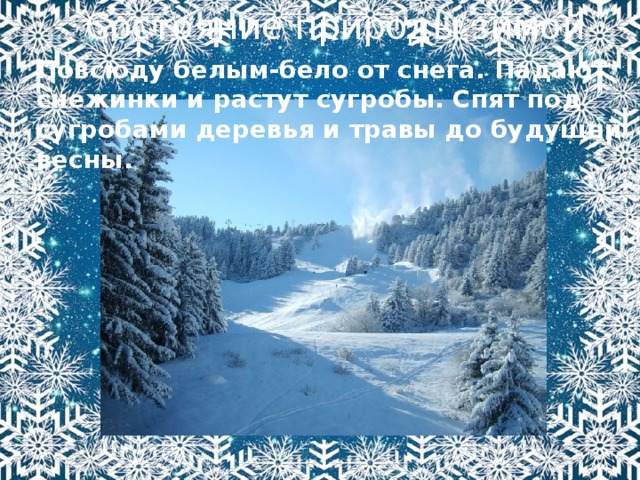 Состояние природы зимой Повсюду белым-бело от снега. Падают снежинки и растут сугробы. Спят под сугробами деревья и травы до будущей весны. 