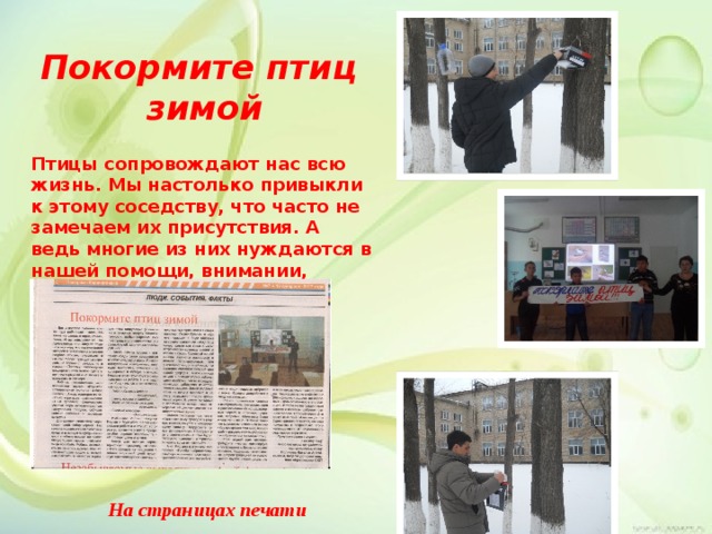 Покормите птиц  зимой Птицы сопровождают нас всю жизнь. Мы настолько привыкли к этому соседству, что часто не замечаем их присутствия. А ведь многие из них нуждаются в нашей помощи, внимании, защите. На страницах печати 