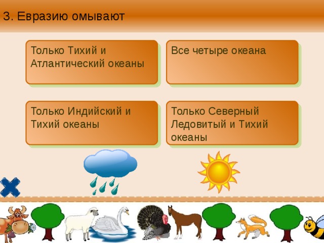 3. Евразию омывают Только Тихий и Атлантический океаны Все четыре океана Только Индийский и Тихий океаны Только Северный Ледовитый и Тихий океаны 