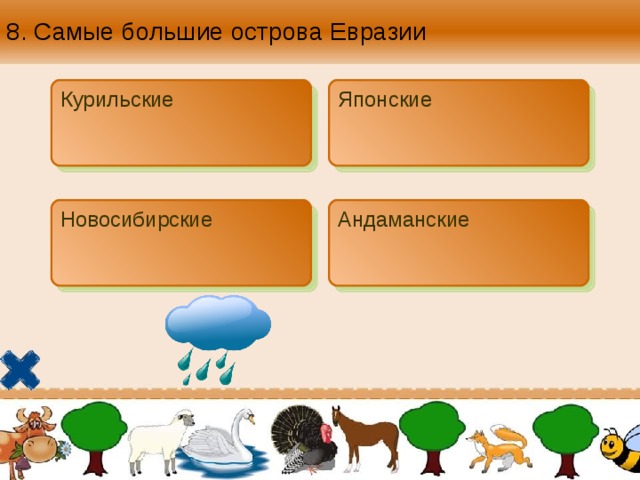 8. Самые большие острова Евразии Курильские Японские Новосибирские Андаманские 