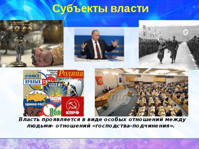 Субъекты власти  Власть проявляется в виде особых отношений между людьми- отношений «господства-подчинения». 