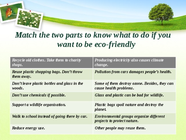 Match the two parts to know what to do if you want to be eco-friendly  Recycle old clothes. Take them to charity shops. Producing electricity also causes climate change. Reuse plastic shopping bags. Don’t throw them away. Pollution from cars damages people’s health. Don’t leave plastic bottles and glass in the woods. Some of them destroy ozone. Besides, they can cause health problems. Don’t use chemicals if possible. Glass and plastic can be bad for wildlife. Support a wildlife organisation. Plastic bags spoil nature and destroy the planet. Walk to school instead of going there by car. Environmental groups organize different projects to protect nature. Reduce energy use. Other people may reuse them. 