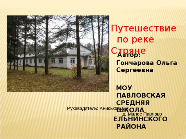  Путешествие  по реке Стряне  Автор: Гончарова Ольга Сергеевна   МОУ ПАВЛОВСКАЯ СРЕДНЯЯ ШКОЛА  ЕЛЬНИНСКОГО РАЙОНА Руководитель: Аниськов А,В, д. Малое Павлово   