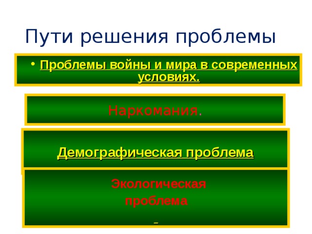 Пути решения проблемы Проблемы войны и мира в современных условиях. Проблемы войны и мира в современных условиях. Наркомания . Демографическая проблема  Экологическая  проблема   
