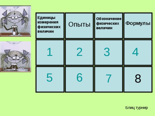 Единицы измерения физических величин Обозначение физических величин Формулы Опыты 3 4 2 1 5 6 7 8 Блиц турнир 