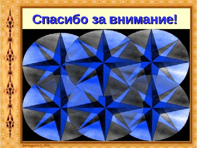 Спасибо за внимание! Волошина Н.Н. Алматы, КГУ «ШГ № 5» Источник: Ловкий циркуль Пайкен Инна-Майя Олевовна Киев «Вэсэлка» 1988 Волошина Н.Н., 2010 