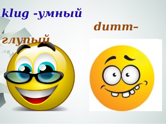 klug -умный  dumm–глупый 