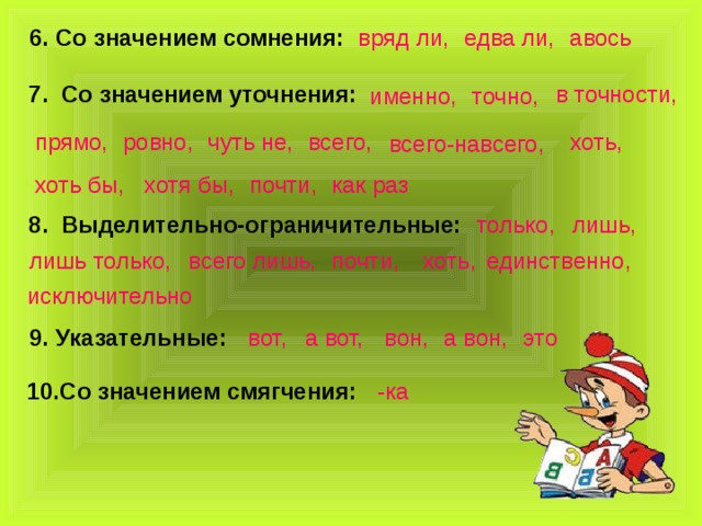 Со значением сомнения:  едва ли, авось вряд ли, в точности,  Со значением уточнения: именно, точно, ровно, чуть не, всего, хоть,  прямо, всего-навсего, почти, как раз хотя бы, хоть бы,  только, лишь,   Выделительно-ограничительные: единственно, лишь только, всего лишь, почти, хоть, исключительно а вон, это Указательные:  вон, а вот, вот, Со значением смягчения: -ка 