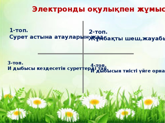 Электронды оқулықпен жұмыс 1-топ. Сурет астына атауларын жаз. 2-топ. Жұмбақты шеш,жауабын жаз. 3-топ. И дыбысы кездесетін суреттерді тап. 4-топ. И дыбысын тиісті үйге орналастыр. 