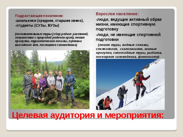 Взрослое население: -люди, ведущие активный образ жизни, имеющие спортивную подготовку -люди, не имеющие спортивной подготовки ( пешие туры, водные сплавы, спелеология, скалолазание, конные прогулки, снегоходные туры, рыбалка, посещение заповедника, фотоохота)  Подрастающее поколение: -школьники (среднее, старшее звено), -студенты (СУЗы, ВУЗы)  (познавательные туры (сбор редких растений, знакомство с природой родного края), пешие прогулки, туристические походы, путевка выходного дня, посещение заповедника)  Целевая аудитория и мероприятия: 