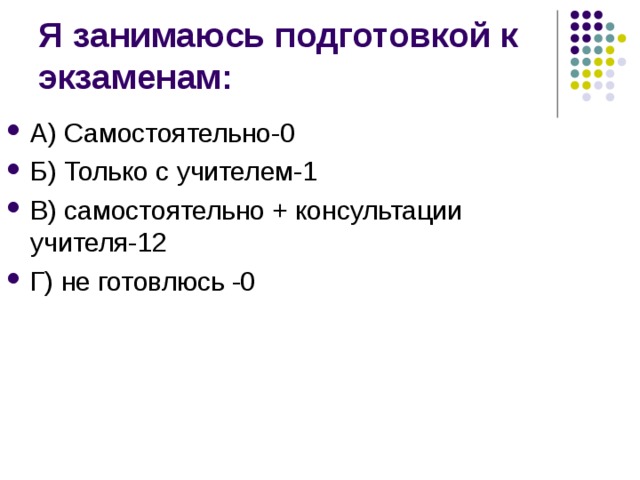 Я занимаюсь подготовкой к экзаменам: А) Самостоятельно-0 Б) Только с учителем-1 В) самостоятельно + консультации учителя-12 Г) не готовлюсь -0 